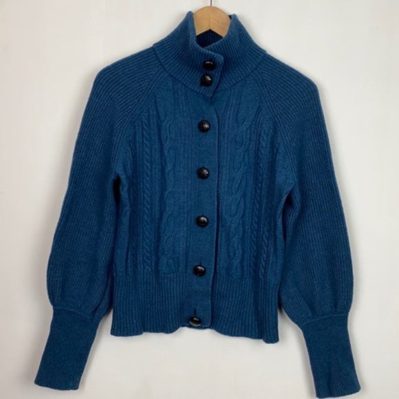 J.Crew S Teal Cardigan Cable Knit Faux Leather Buttons Lambs Wool - Picture 2 of 16